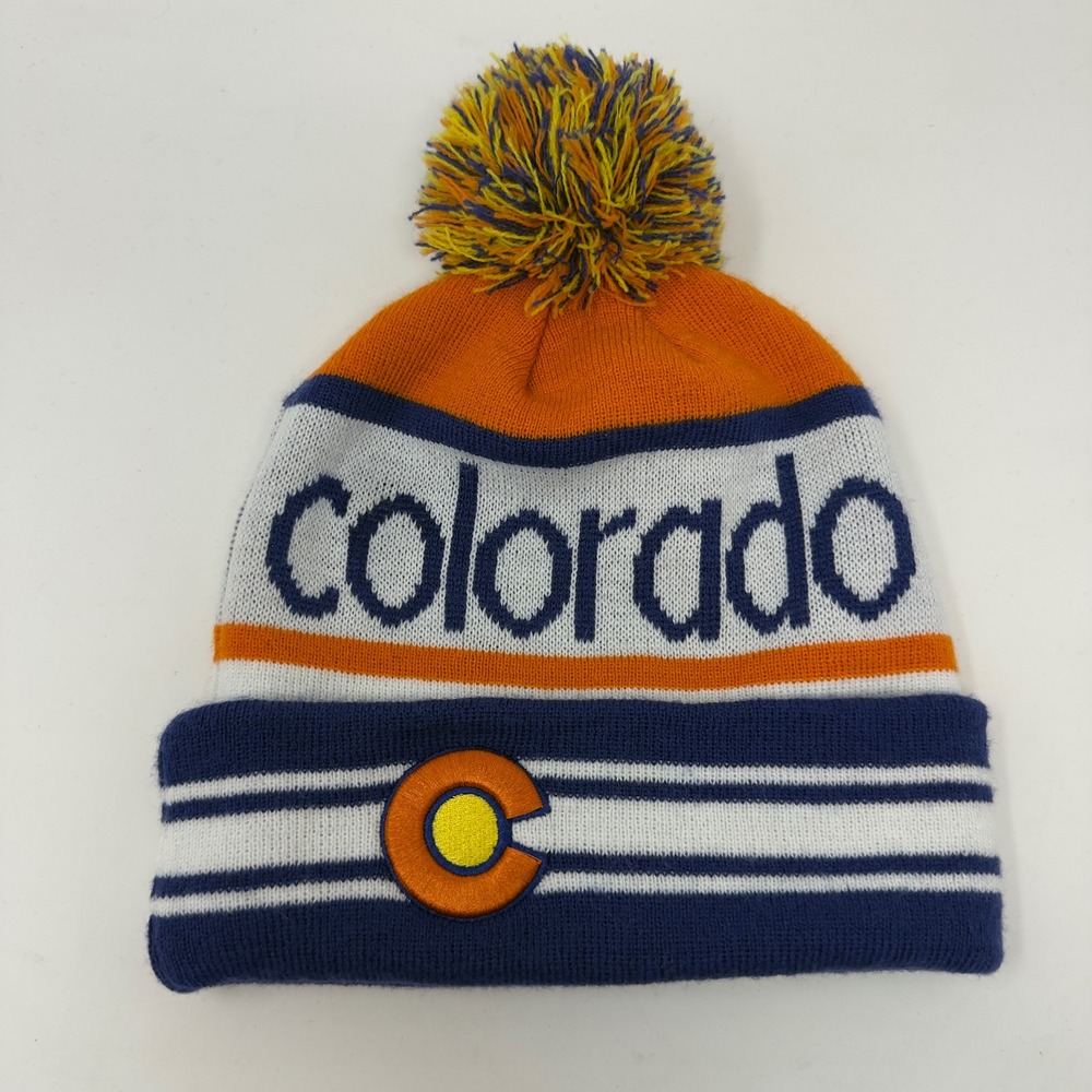 Colorado Limited Beanie Hat Pom Pom‎ Knit Cuffed Blue Orange White